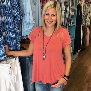 Coral Short Sleeve Top with Criss Cross Cutout